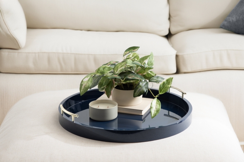 Decorative Tray Round Navy Blue Polished Gold Curved Handles