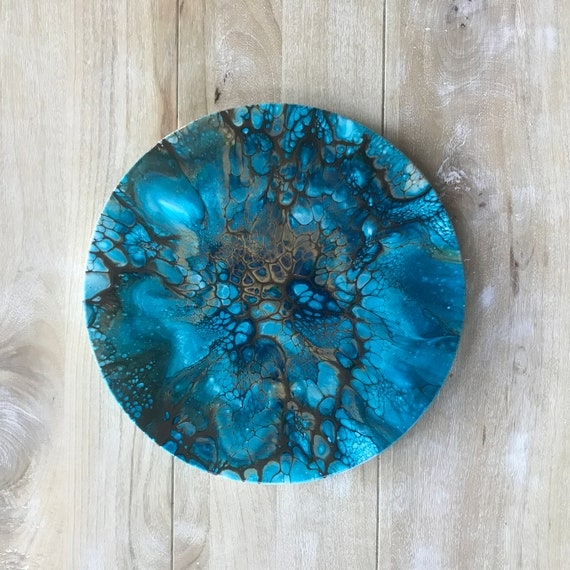 Decorative Tray Round Ocean Wave Resin Art Glossy Finish Wood Rim