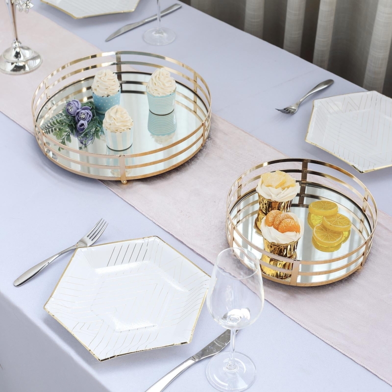 Decorative Tray Round Polished Mirrored Base Nested Set Glam