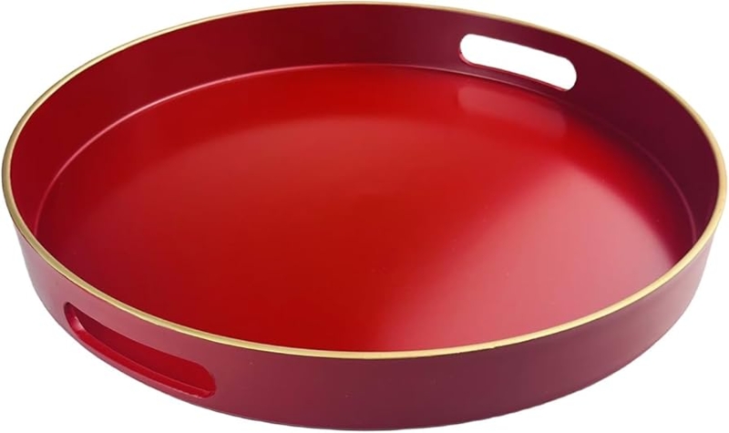 Decorative Tray, Round Red Silhouette with Polished Gold-Toned Handles