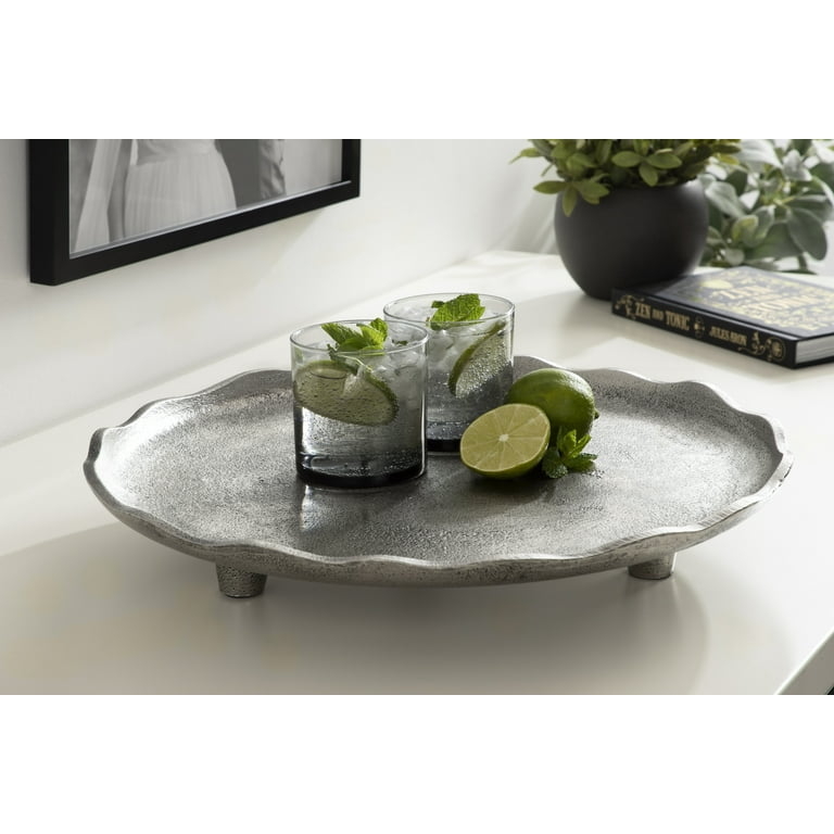 Decorative Tray Round Scalloped Edge Cast Metal Pedestal Base