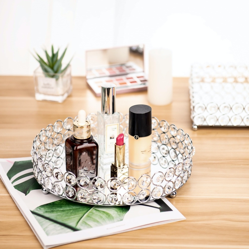 Decorative Tray: Round Shape & Faceted Crystal Beads, Mirrored Vanity