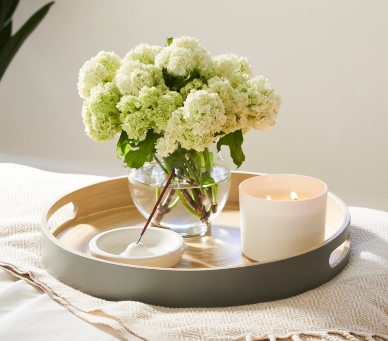 Decorative Tray Round Spun Bamboo Low Rim Scandi Natural