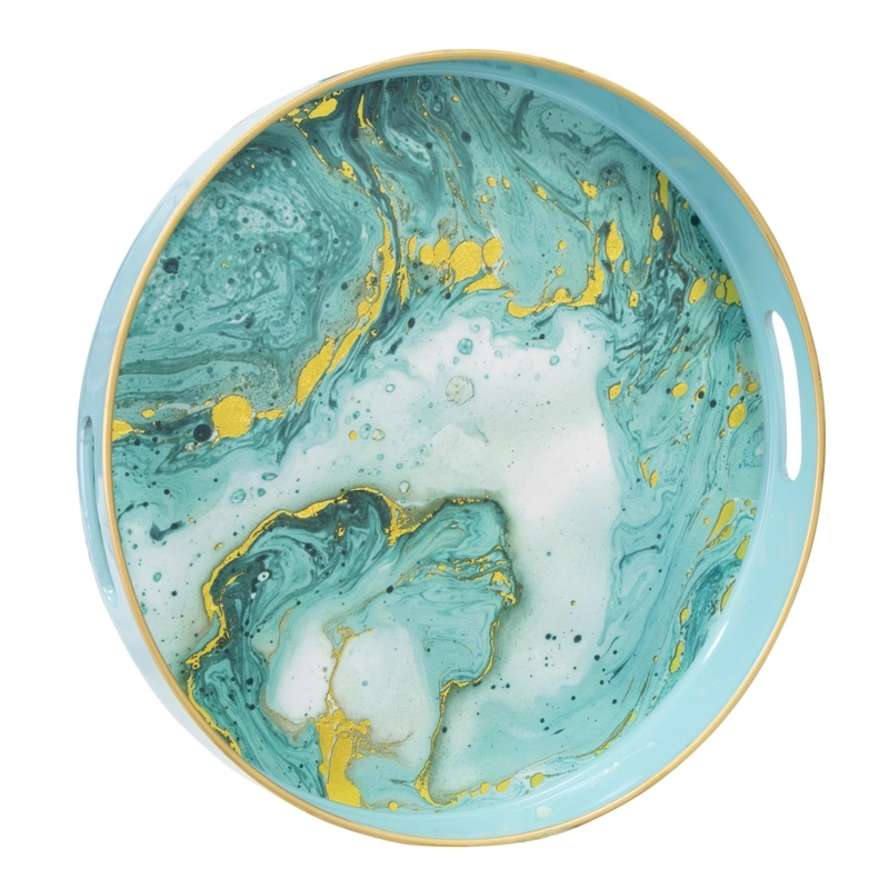 Decorative Tray Round Turquoise Marbled Integrated Gold Handles Modern
