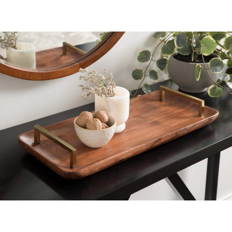 Decorative Tray Round Walnut Gold Handles Glam Style