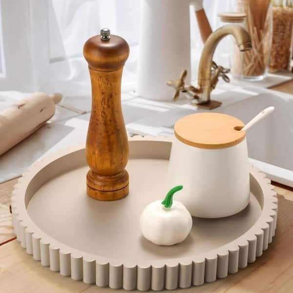 Decorative Tray, Round Weathered Gray Wood, Metal-Trimmed Cutout Handles