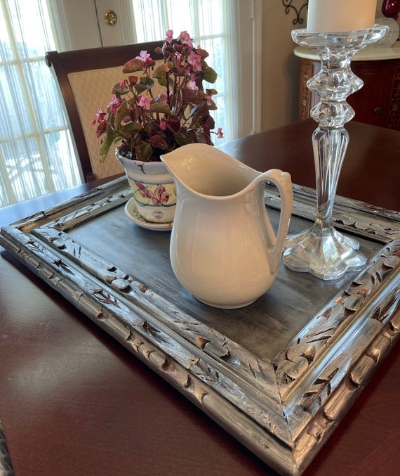 Decorative Tray, Round Weathered Stone-Like Finish, Thick Rim, Beige/Gray