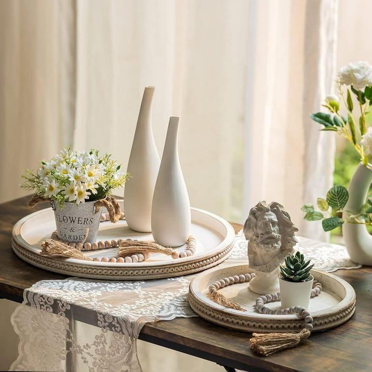 Decorative Tray: Round Whitewashed Wood with Beaded Rim Detail
