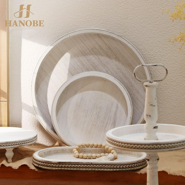 Decorative Tray: Round Whitewashed Wood with Beaded Rim, Farmhouse