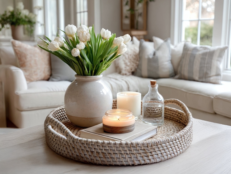 Decorative Tray: Round Wicker with Tonal Decor Stacking