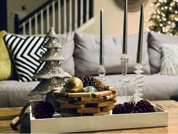Decorative Tray: Round Wood Farmhouse Style with Cozy Holiday Styling