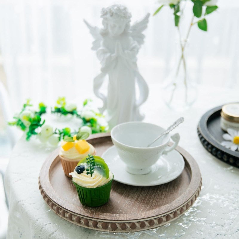 Decorative Tray: Round Wood Wash Finish, Beaded Rim Centerpiece Accent