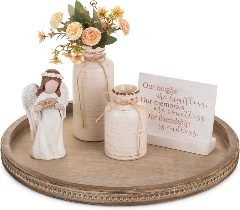 Decorative Tray: Round Wood with Beaded Edge, Farmhouse Style