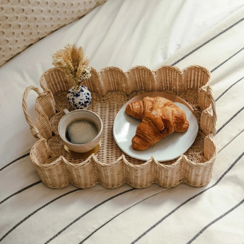 Decorative Tray: Round Woven Fiber with Scalloped Edge Detail