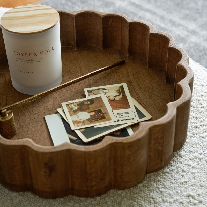 Decorative Tray, Rustic Antiqued Wood Finish, Scalloped Edge Rim Decor