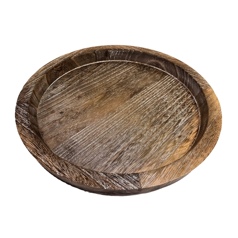 Decorative Tray, Rustic Brown Wood Handle Cutouts, Low Profile Farmhouse