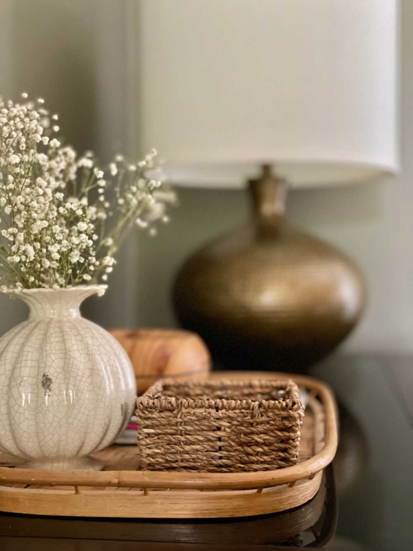 Decorative Tray Rustic Wood with Beaded Garland Farmhouse Styling Ideas