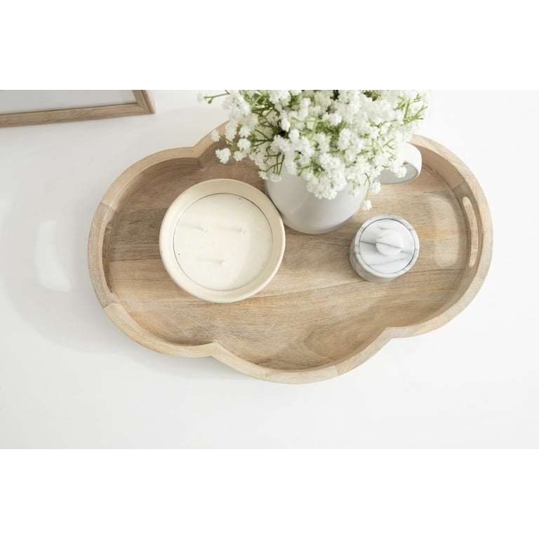 Decorative Tray Scalloped Edge Light Wood Natural Finish Cutout Handles