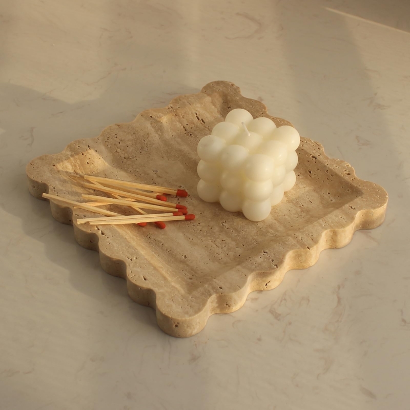 Decorative Tray Scalloped Edge Square Travertine Catchall Tray