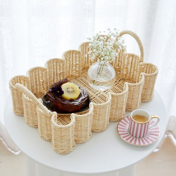 Decorative Tray Scalloped Rim, Wavy Rattan Weave, Low Profile