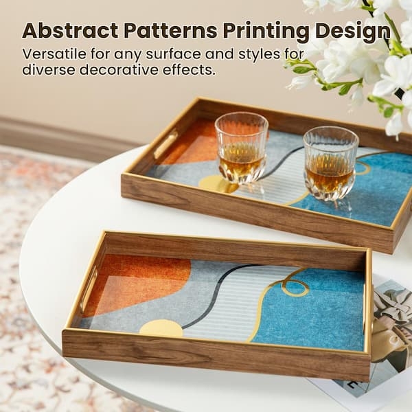 Decorative Tray Set Abstract Geometric Pattern Wood Toned Cutout Handles