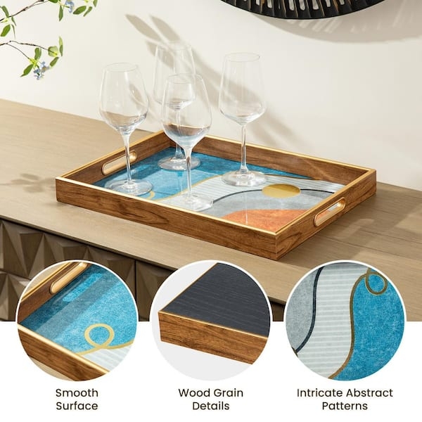 Decorative Tray Set Abstract Marble Blue Metal Handles