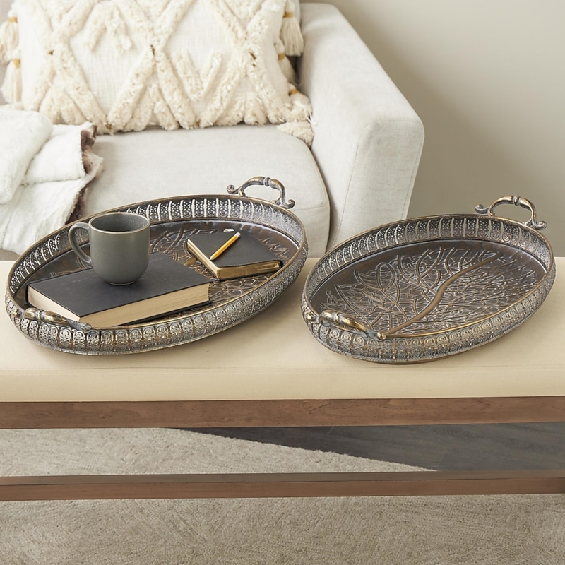Decorative Tray Set Antique Gold Finish Cutout Handles Round Silhouette