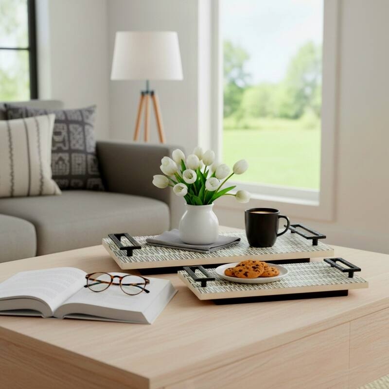 Decorative Tray Set Black White Chevron Pattern Light Wood Handles