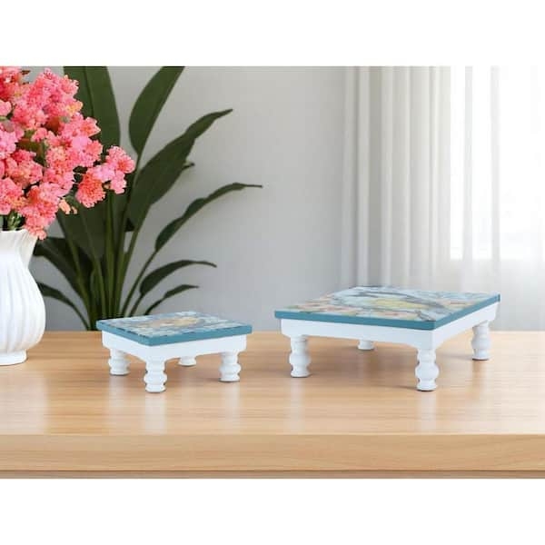 Decorative Tray Set Blue Floral Pattern Square Wood Frame Coastal