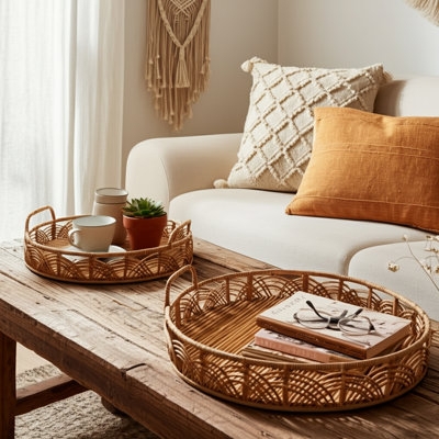 Decorative Tray Set Dark Espresso Bamboo Woven Texture Round Slatted Sides Minimalist Entryway