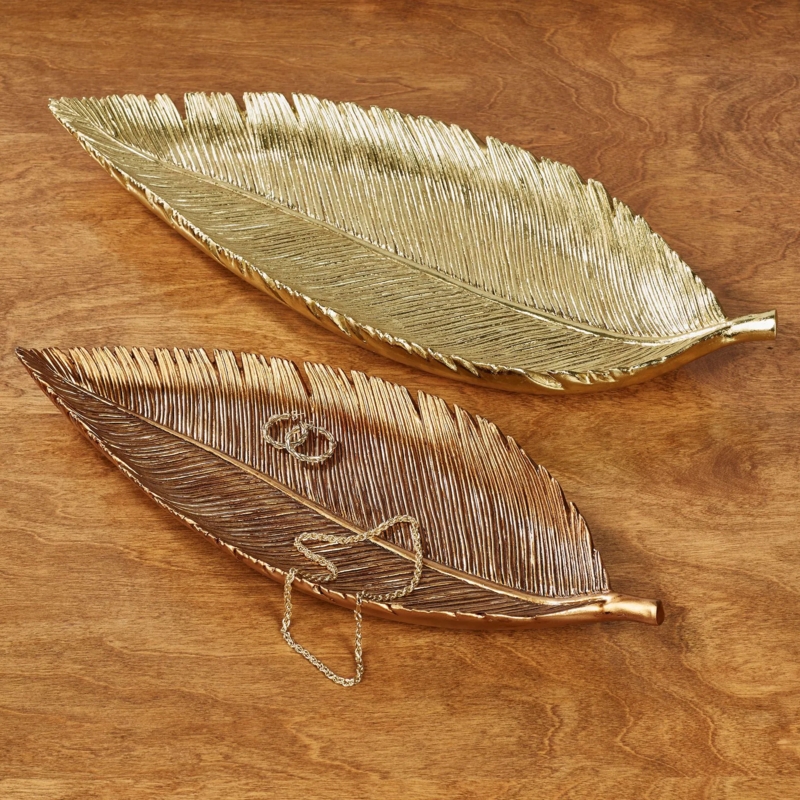 Decorative Tray Set dual Metallic Finish Copper Gold Palm Leaf Silhouette Tropical Glam Decor