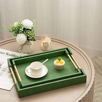 Decorative Tray Set Emerald Green Shagreen Texture Gold Handles Pebble