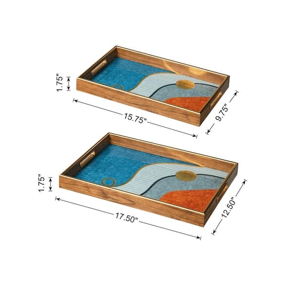 Decorative Tray Set Geometric Blocks Vibrant Wood Toned Handles