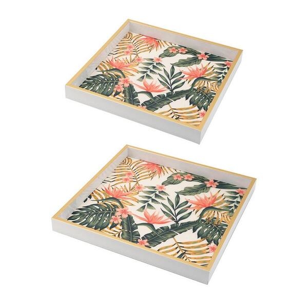 Decorative Tray Set Geometric Inlay Multicolor Cutout Handles Boho