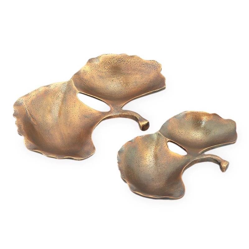 Decorative Tray Set Gold Ginkgo Leaf Shape Veined Texture Botanical