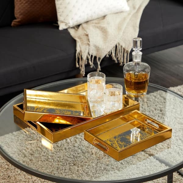Decorative Tray Set Hexagonal Mirrored Base Quatrefoil Openwork Gold Glam