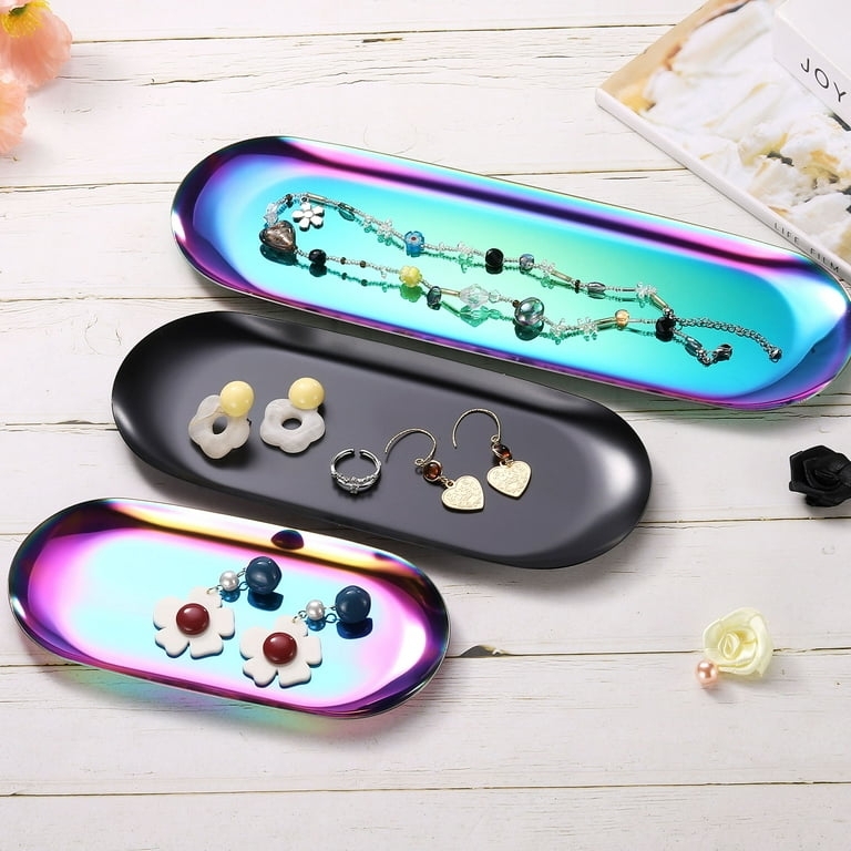 Decorative Tray Set Iridescent Finish Oval Stainless Steel Glam