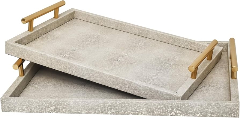 Decorative Tray Set Ivory Shagreen Texture Polished Gold Handles Glam