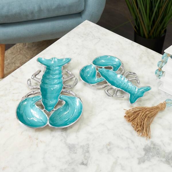 Decorative Tray Set Lobster Shaped Teal Enameled Silver Coastal Decor