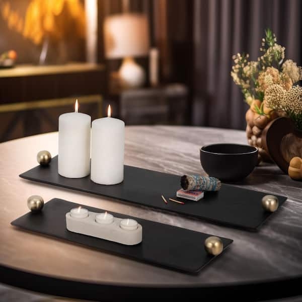 Decorative Tray Set Matte Black Flat Circular with Gold Knob Handles