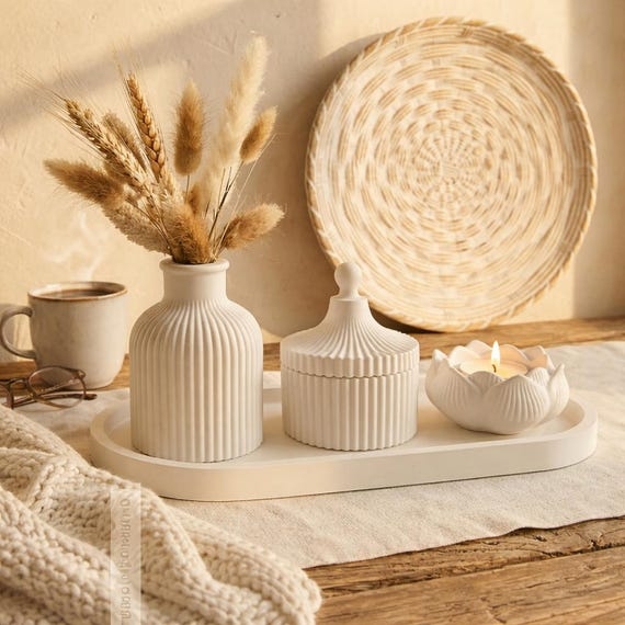 Decorative Tray Set Matte White Lotus Silhouette Scandinavian Shelf