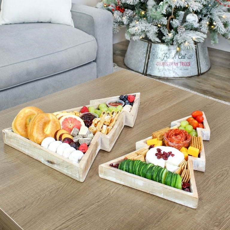 Decorative Tray Set: Natural Wood Tree Silhouette Nested Rustic Holiday