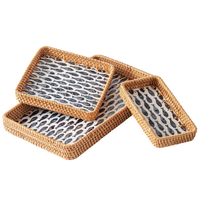 Decorative Tray Set Nested Mother of Pearl Inlay Geometric Base