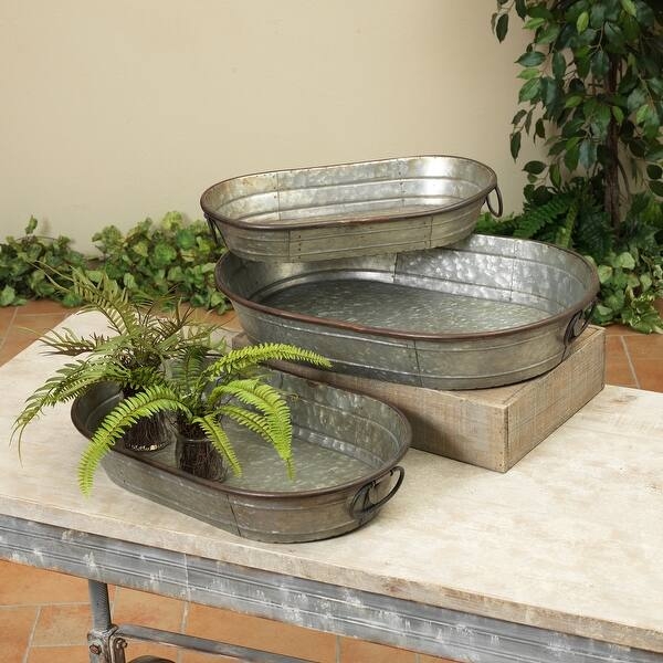Decorative Tray Set Nested Wire Handles Galvanized Finish Oval Farmhouse