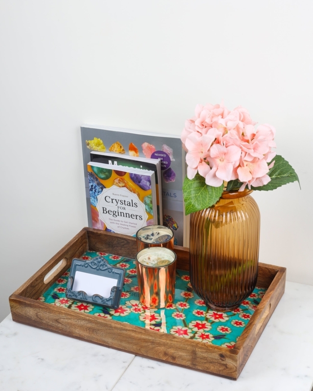 Decorative Tray Set Nesting Botanical Resin Inlay Dark Wood Contrast