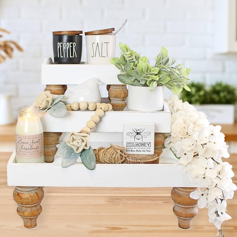 Decorative Tray Set Nesting Pedestal Feet Whitewashed Distressed Farmhouse