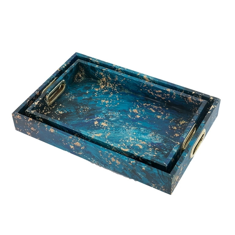 Decorative Tray Set of 2 Rectangular Blue Geometric Circle Pattern