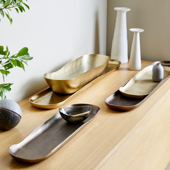 Decorative Tray Set of 3 Mixed Metallic Organic Irregular Shape Matte