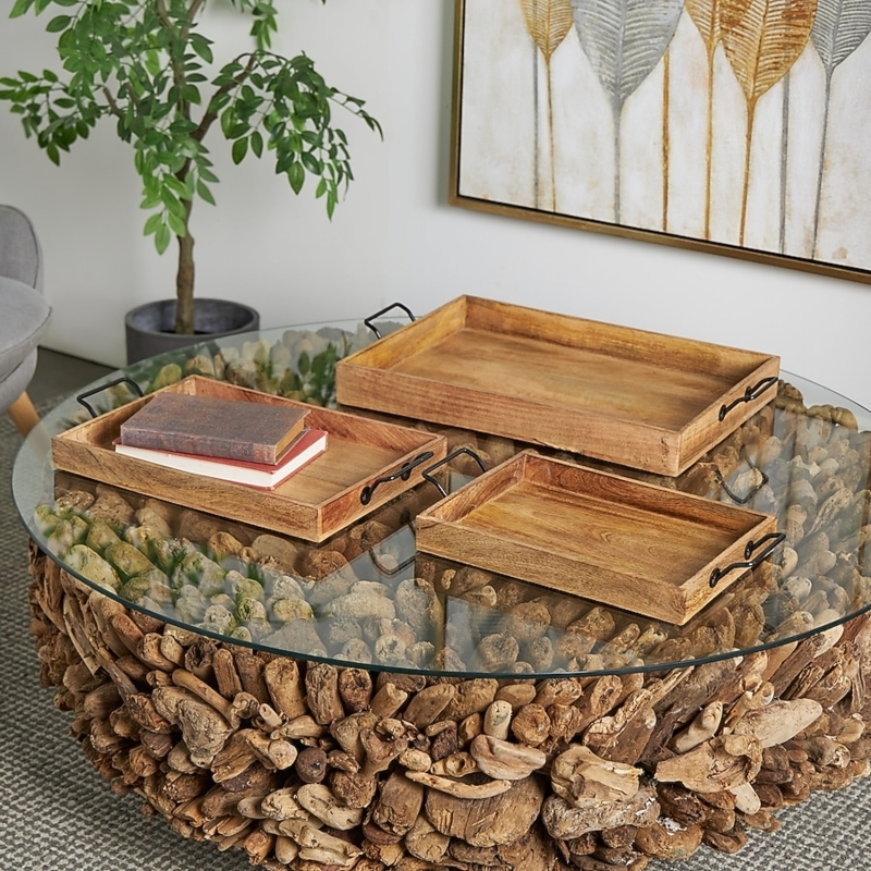 Decorative Tray Set of Three Natural Brown Wood Iron Handles Nesting