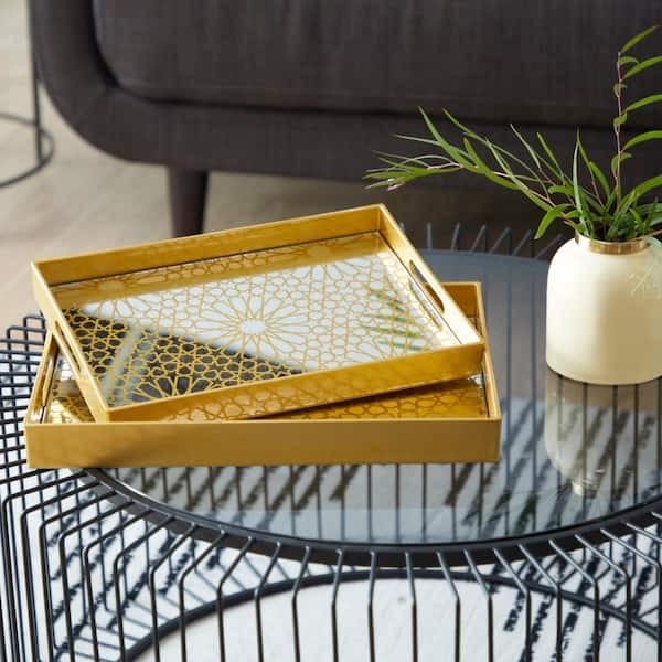 Decorative Tray Set Open Work Polished Hexagonal Mirror